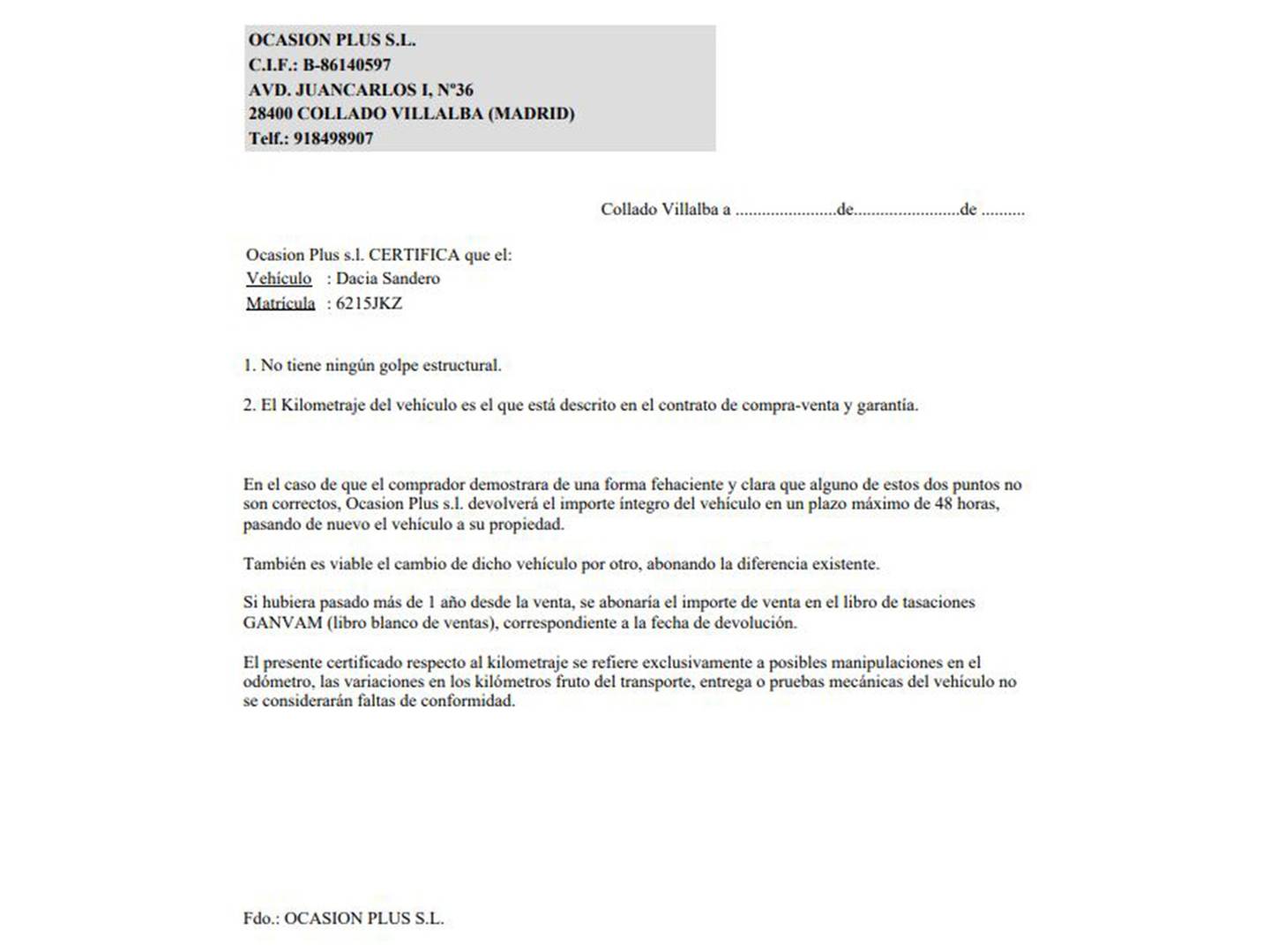Foto del certificado del Dacia Sandero Dacia Sandero Stepway TCe (90 CV)