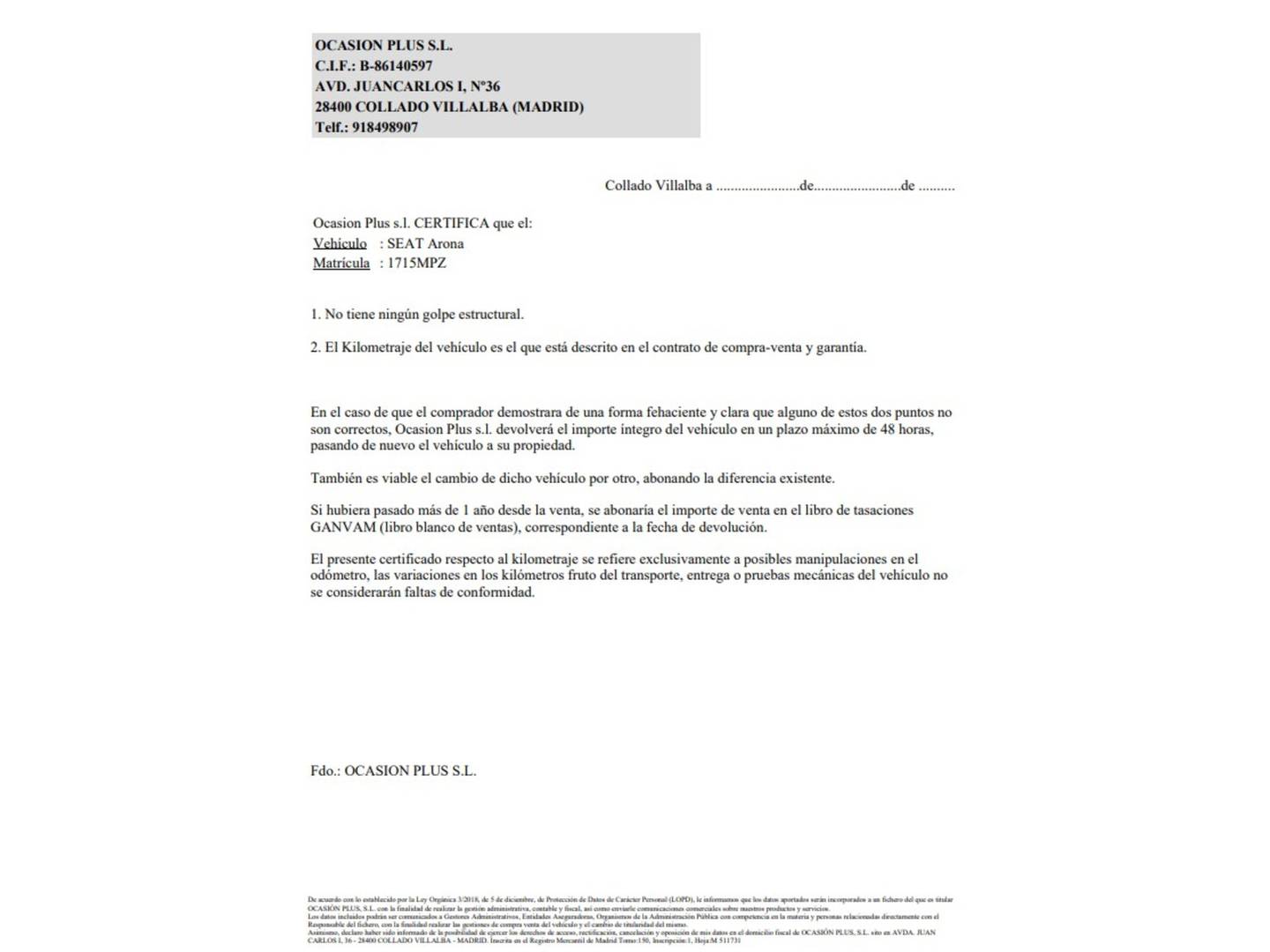 Foto del certificado del Seat Arona Seat Arona 1.0 TSI Style XL DSG  (115 CV)