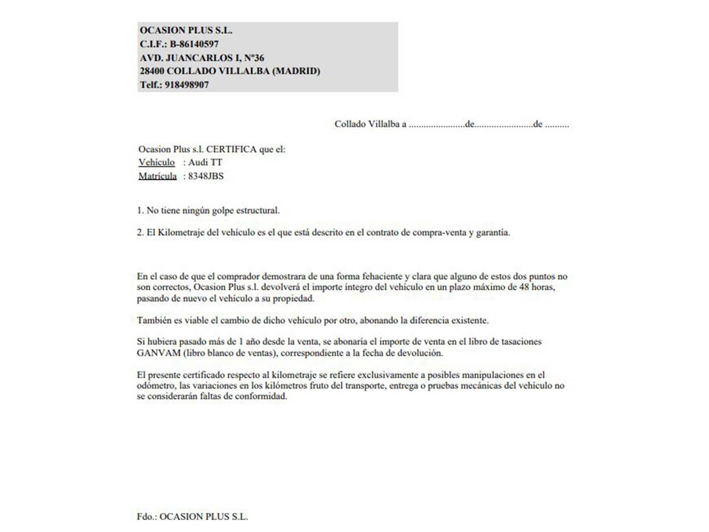 Foto del certificado del Audi TT Audi TT Coupe 2.0 TFSI (230 CV)