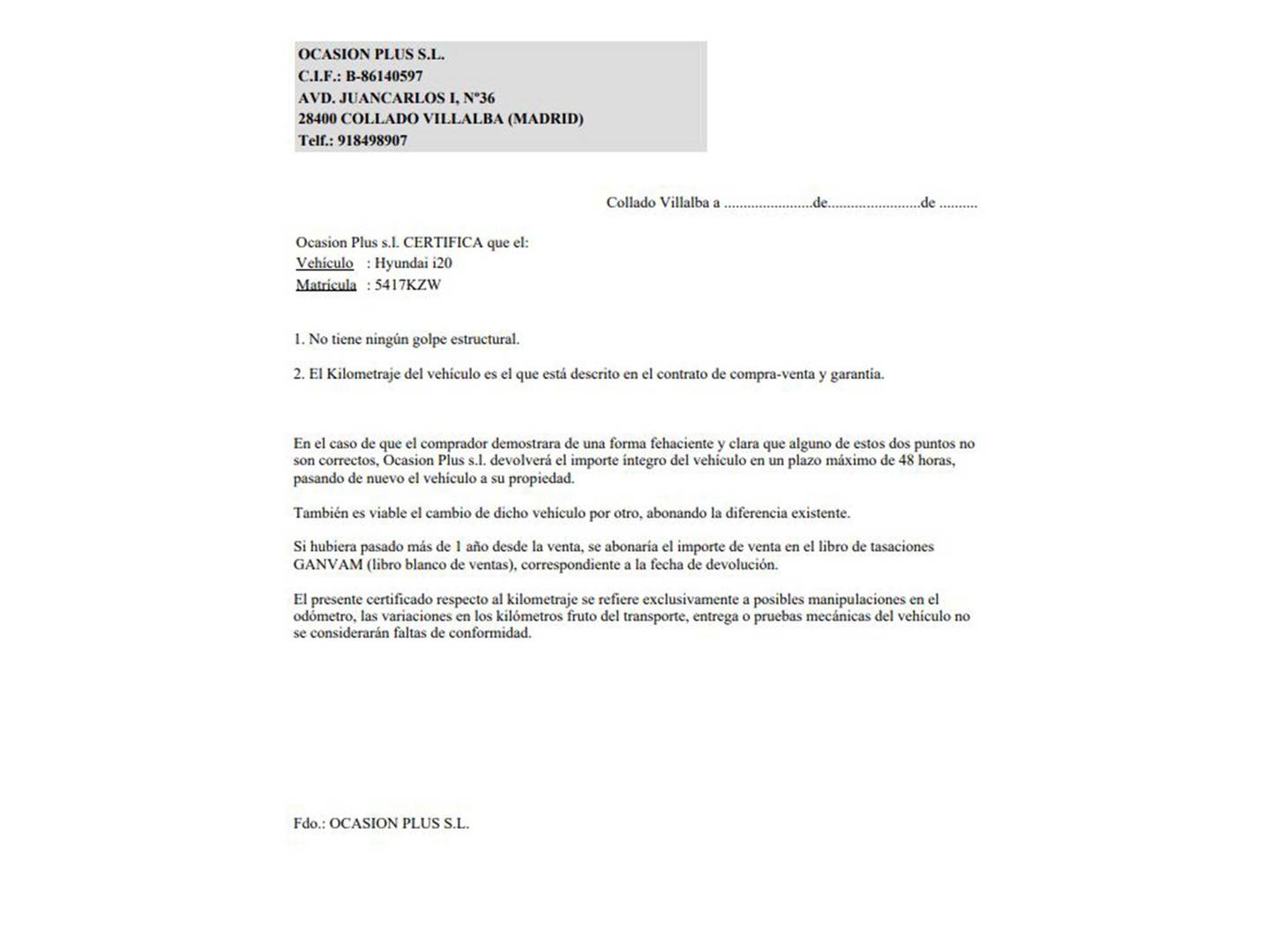 Foto del certificado del Hyundai i20 Hyundai i20 1.2 MPI Essence LE (75 CV)