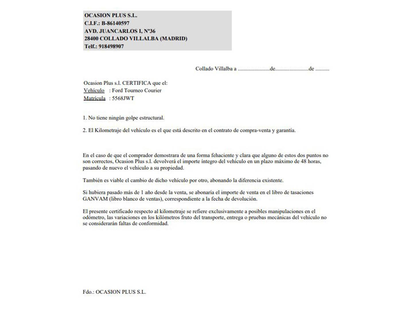 Foto del certificado del Ford Tourneo Courier Ford Tourneo Courier 1.0 EcoBoost Titanium  (100 CV)