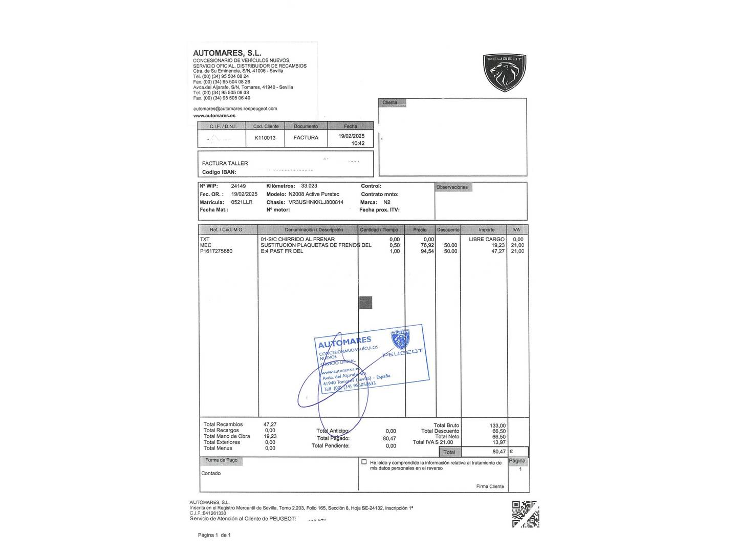 Foto del mantenimiento del Peugeot 2008 Peugeot 2008 PureTech 100 S&S Active (100 CV)