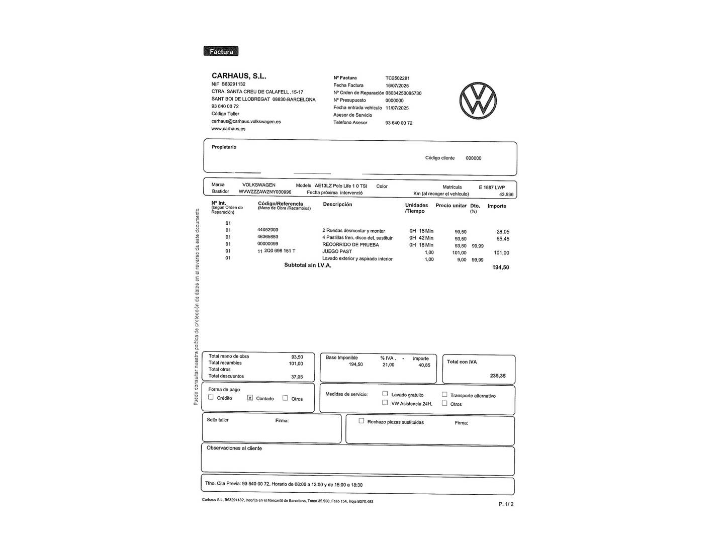 Foto del mantenimiento del Volkswagen Polo Volkswagen Polo Life 1.0 TSI (95 CV) DSG