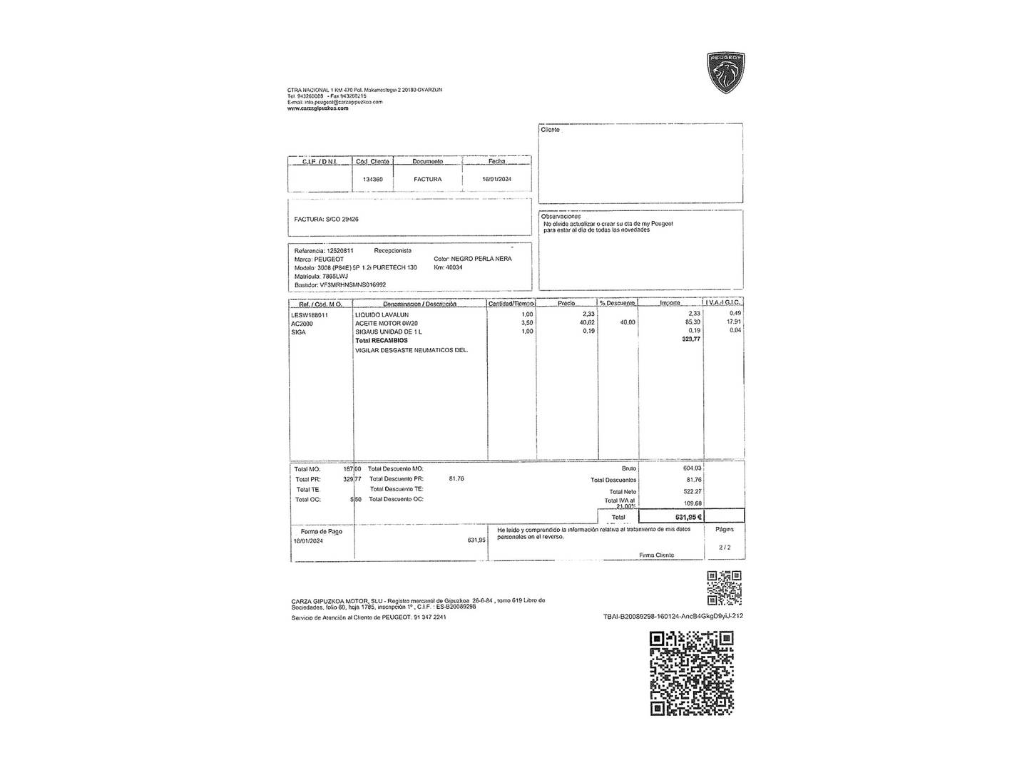 Foto del mantenimiento del Peugeot 3008 Peugeot 3008 PureTech 130 S&S Allure Pack (130 CV)