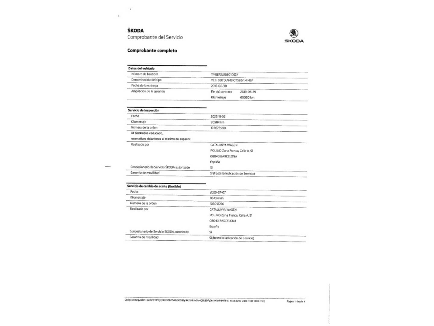 Foto del mantenimiento del Skoda Yeti Skoda Yeti 1.4 TSI 125cv Outdoor Ambition