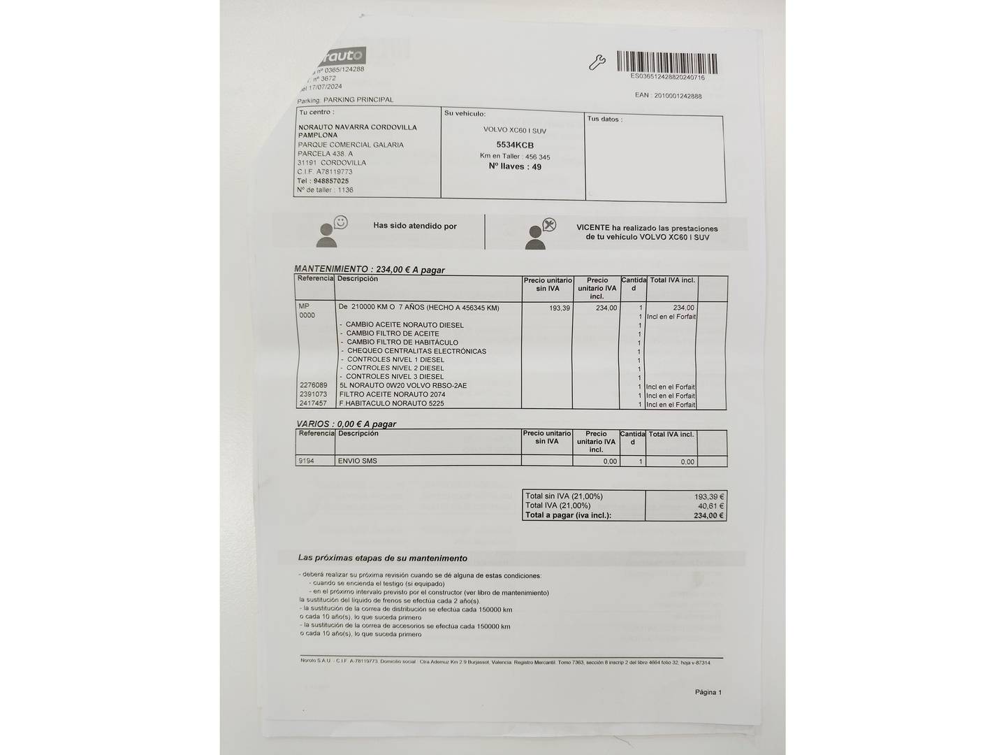 Foto del mantenimiento del Volvo XC60 Volvo XC60 D3 Kinetic (150 CV)