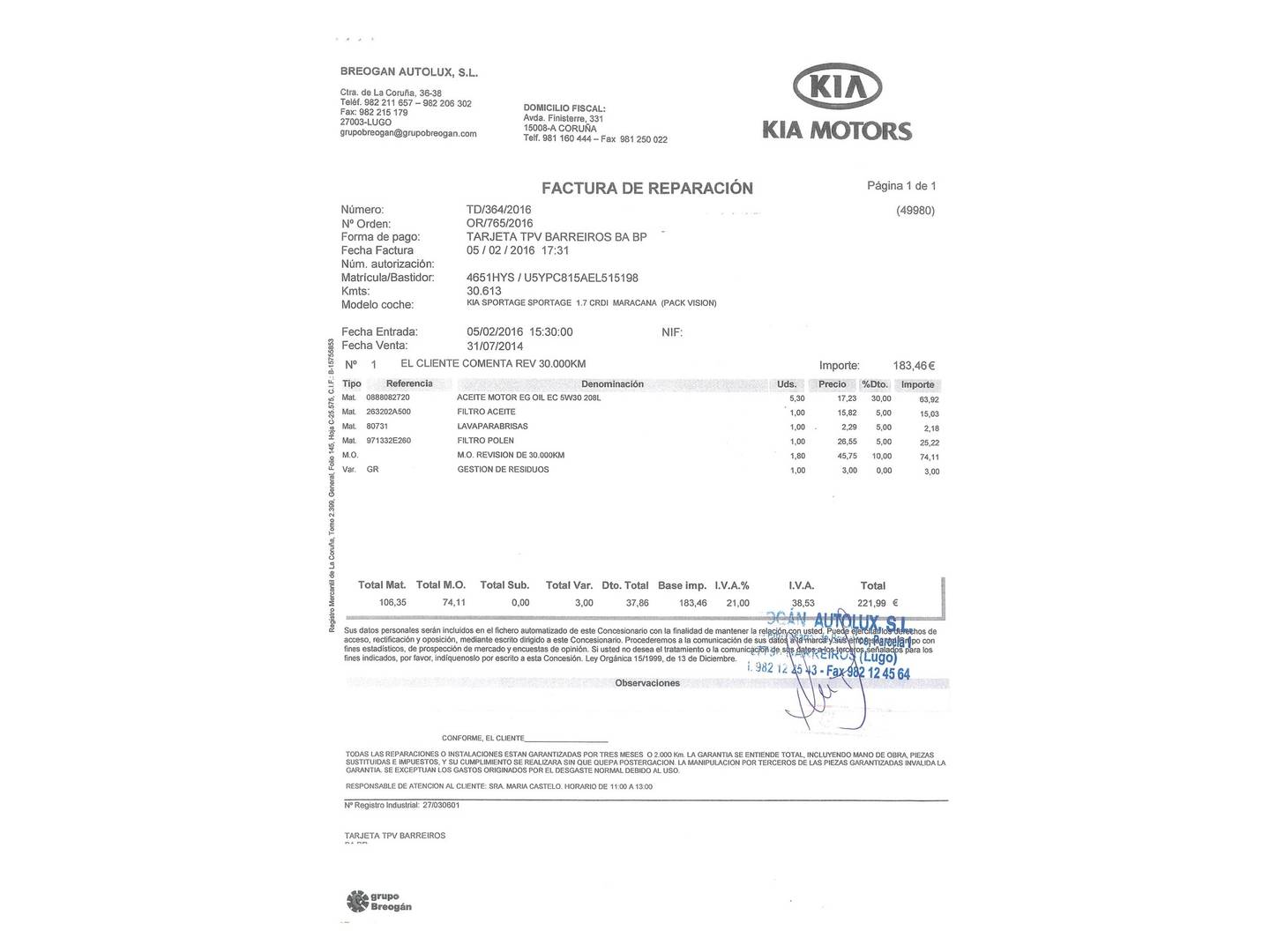 Foto del mantenimiento del KIA Sportage KIA Sportage 1.7 CRDI VGT Maracaná 4x2 (115 CV)