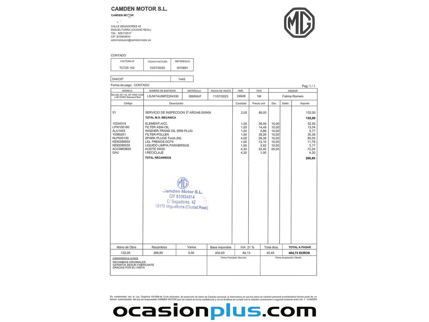 Foto del mantenimiento del MG ZS MG ZS 1.5 Comfort (106 CV)