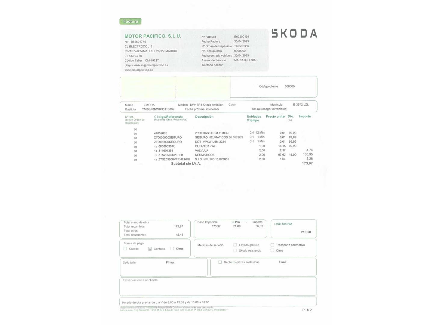 Foto del mantenimiento del Skoda Kamiq Skoda Kamiq 1.0 TSI Ambition (95 CV)