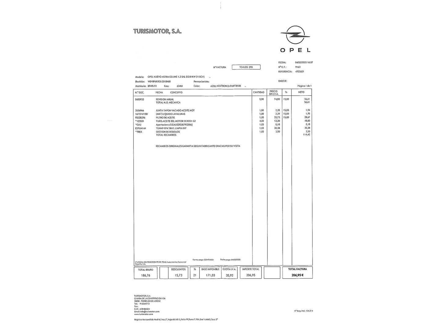 Foto del mantenimiento del Opel Astra Opel Astra 1.2 Turbo SHL GS Line (110 CV)
