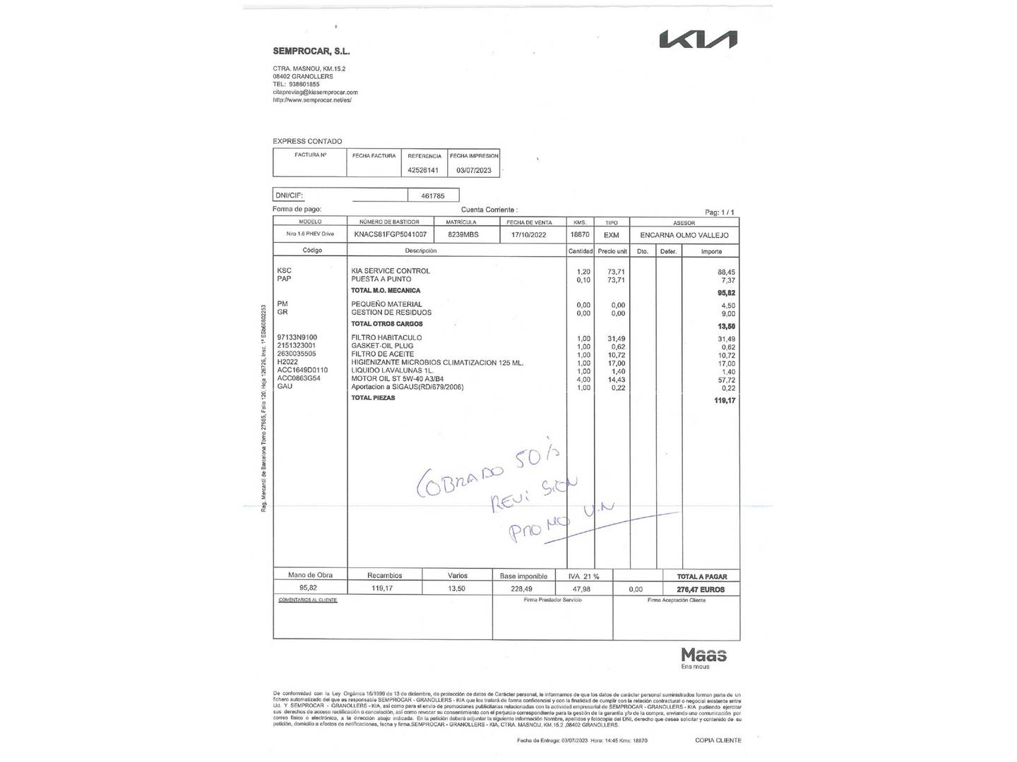 Foto del mantenimiento del KIA Niro KIA Niro 1.6 GDi PHEV Drive (183 CV)