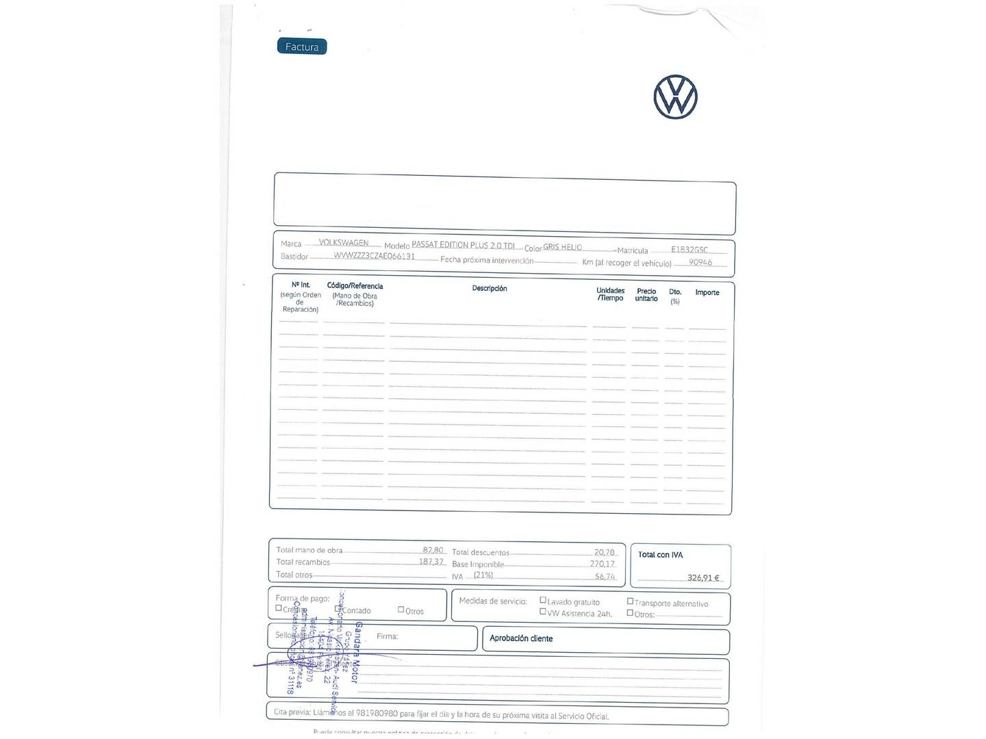 Foto del mantenimiento del Volkswagen Passat Volkswagen Passat 2.0 TDI DPF Edition Plus (110 CV)