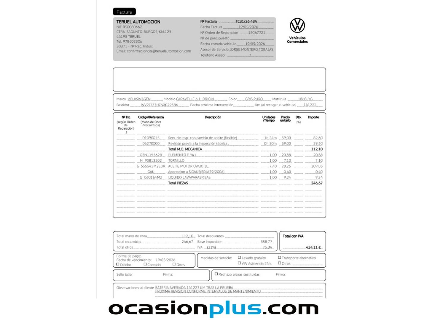 Foto del mantenimiento del Volkswagen Caravelle Volkswagen Caravelle Origin Batalla Corta 2.0 TDI BMT (150 CV) DSG 9 Plazas
