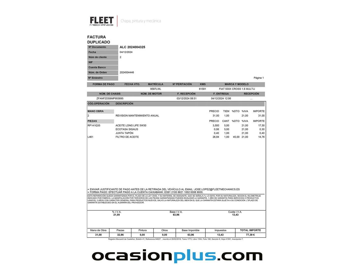 Foto del mantenimiento del Fiat 500X Fiat 500X 1.6 MultiJet Cross 4x2 (130 CV)