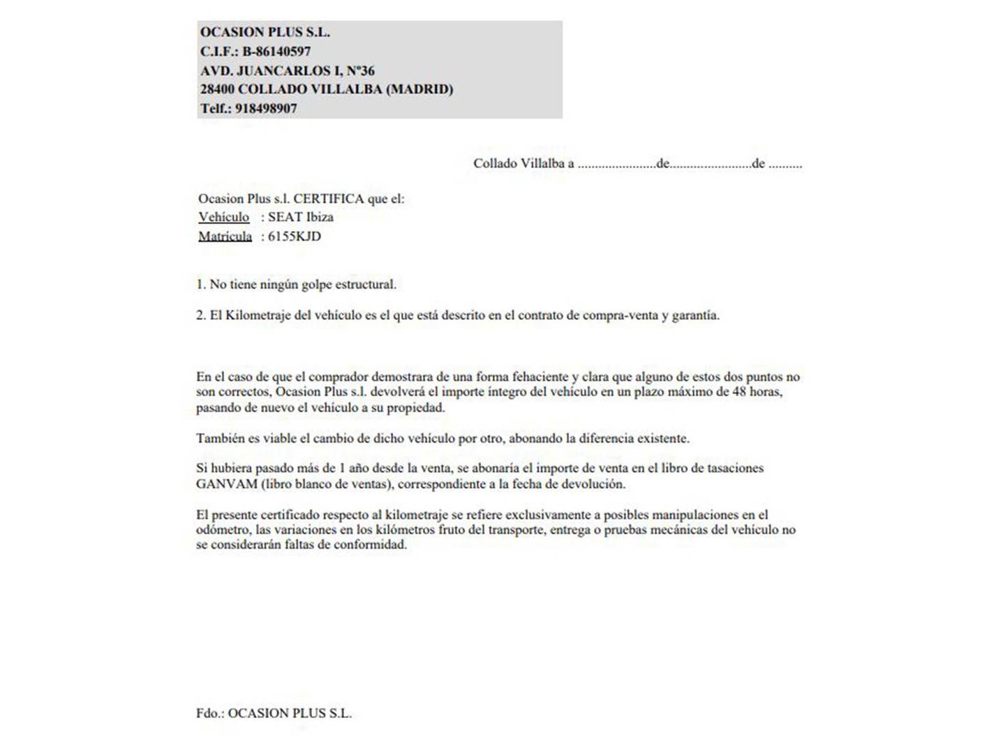 Foto del certificado del Seat Ibiza Seat Ibiza 1.0 EcoTSI S&S FR (115 CV)