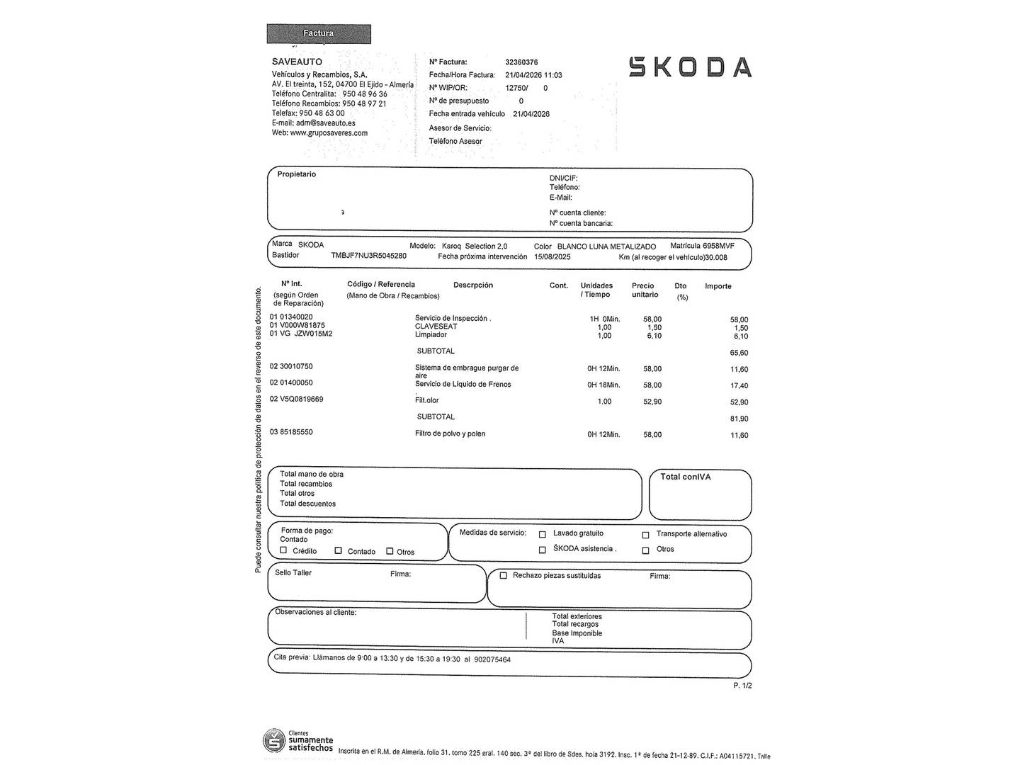Foto del mantenimiento del Skoda Karoq Skoda Karoq 2.0 TDI Selection (115 CV)