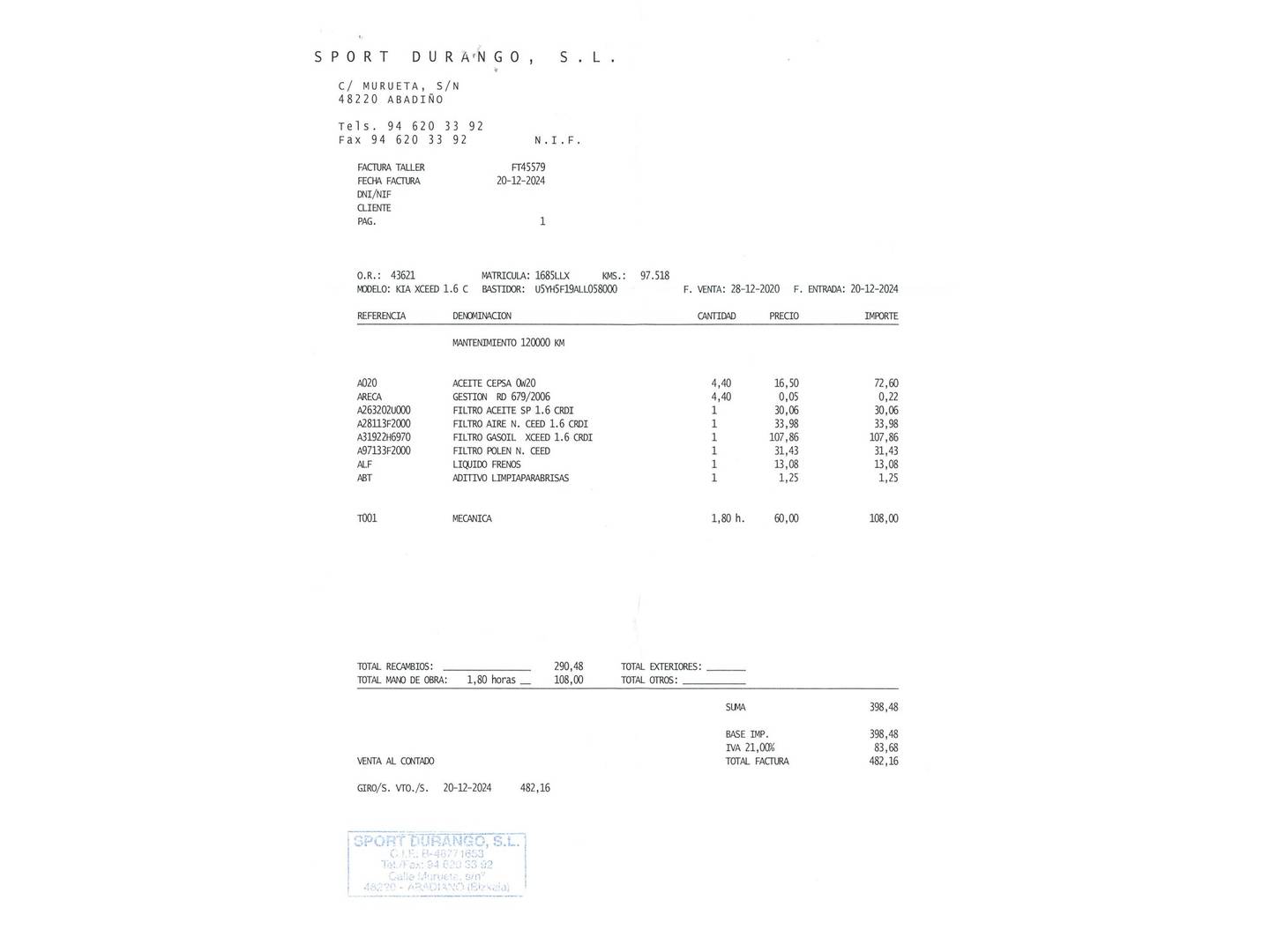 Foto del mantenimiento del KIA XCeed KIA XCeed 1.6 MHEV iMT Tech (136 CV)