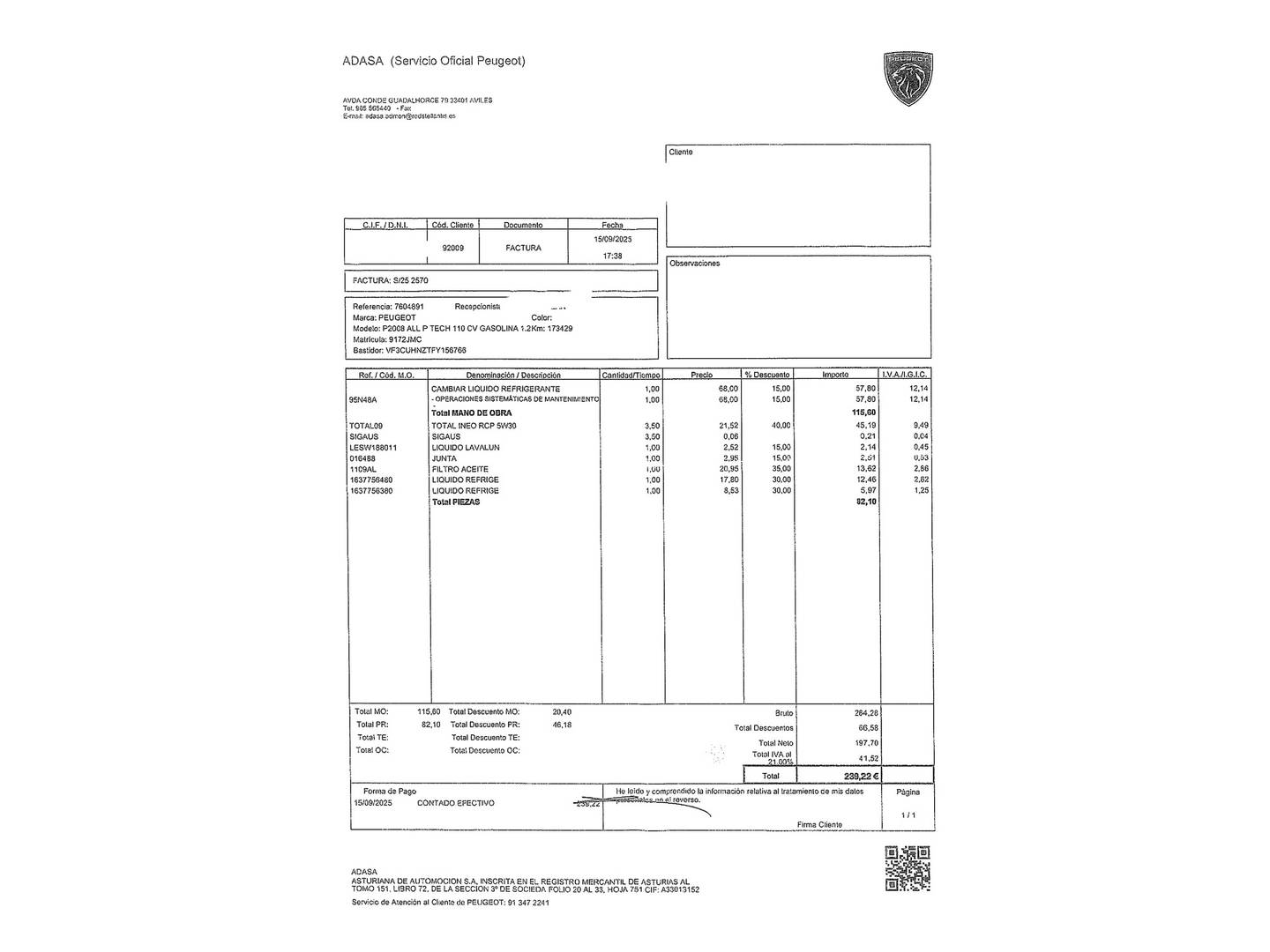 Foto del mantenimiento del Peugeot 2008 Peugeot 2008 PureTech 110 S&S Allure EAT6 (110 CV)