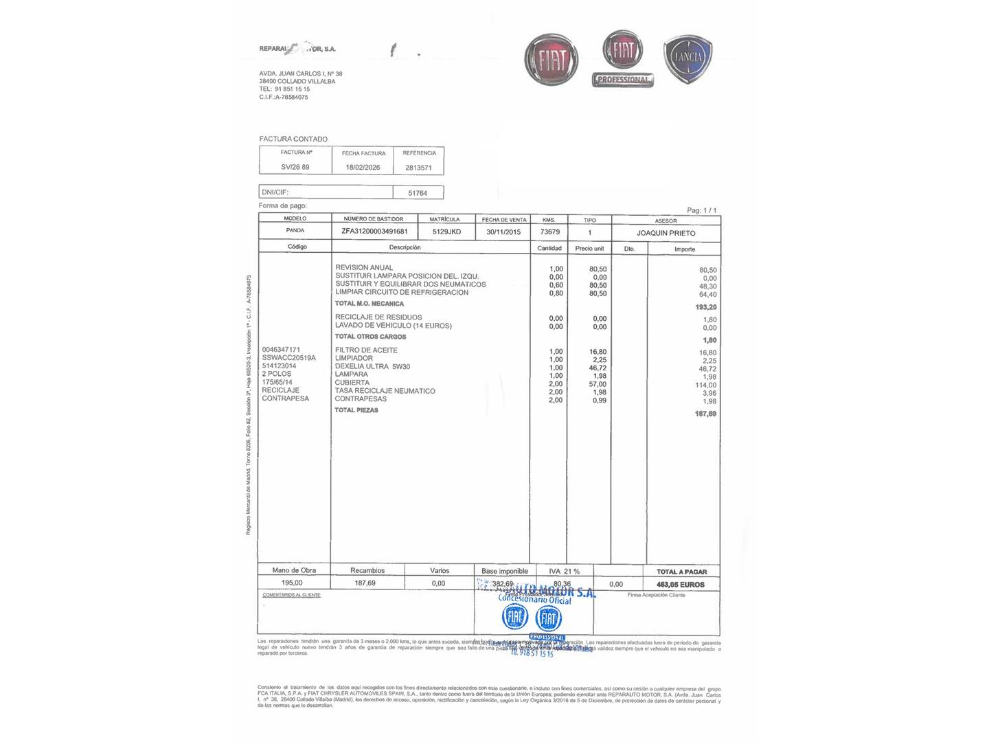 Foto del mantenimiento del Fiat Panda Fiat Panda 1.2 Lounge (69 CV)