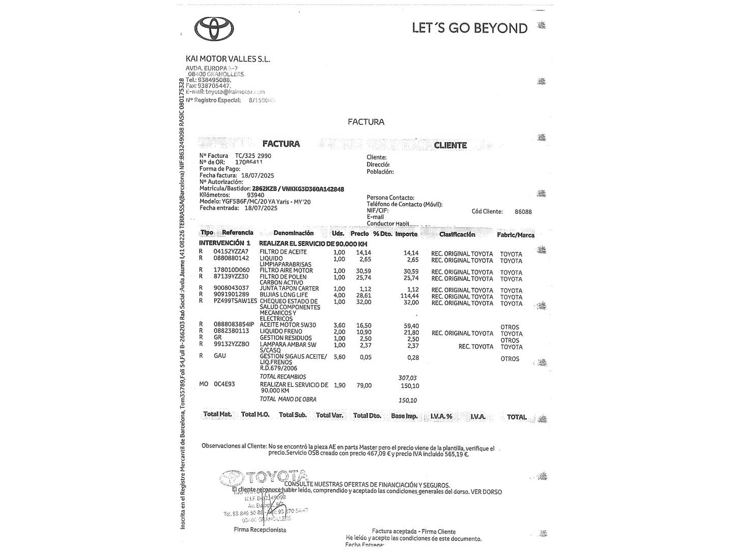 Foto del mantenimiento del Toyota Yaris Toyota Yaris 1.5 Active (111 CV)
