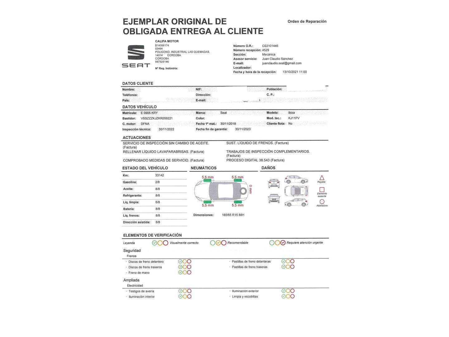 Foto del mantenimiento del Seat Ibiza Seat Ibiza 1.0 MPI Reference Plus (80 CV)