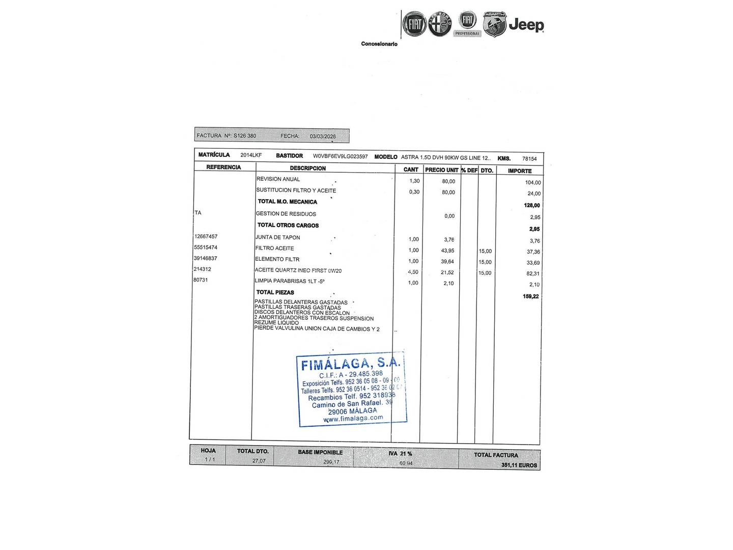 Foto del mantenimiento del Opel Astra Opel Astra 1.5 D DVH GS Line (122 CV)