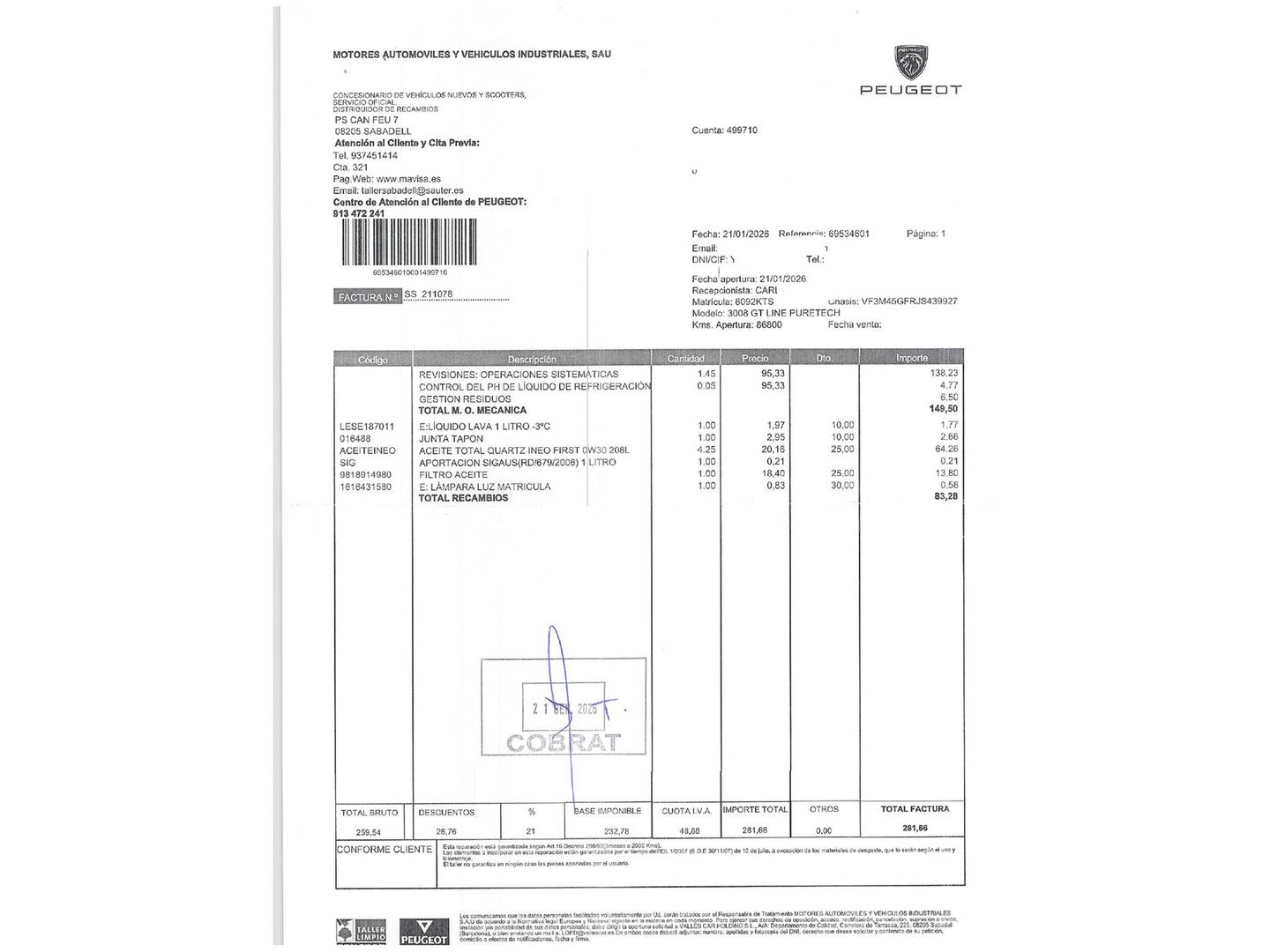 Foto del mantenimiento del Peugeot 3008 Peugeot 3008 PureTech 180 GT Line EAT8 (180 CV)