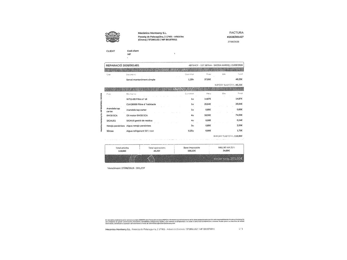 Foto del mantenimiento del Skoda Karoq Skoda Karoq 1.5 TSI ACT Sportline (150 CV)