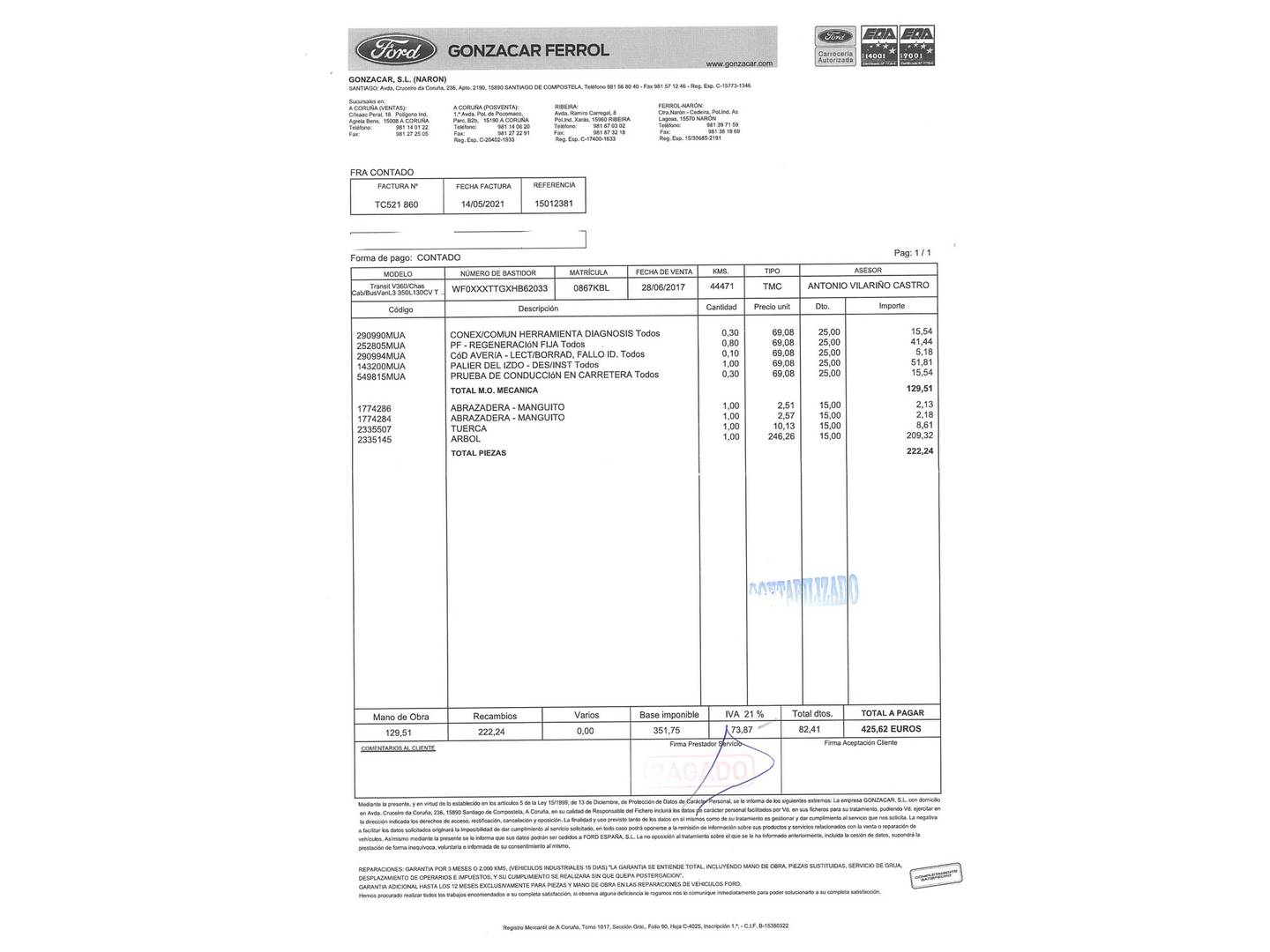 Foto del mantenimiento del Ford Transit Ford Transit Furgon 350 L3H2 Trend Delantera (130 CV)