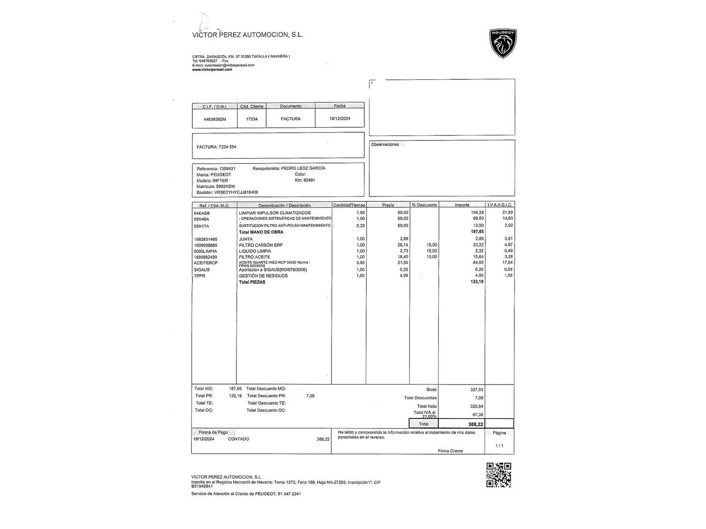 Foto del mantenimiento del Peugeot Rifter Peugeot Rifter BlueHDi 100 GT Line Standard (100 CV)