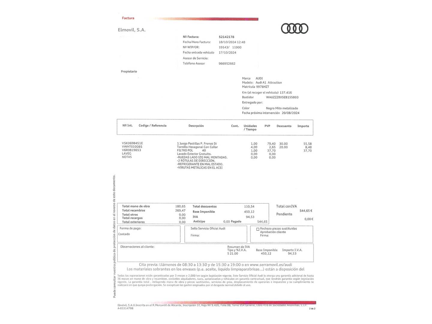 Foto del mantenimiento del Audi A1 Audi A1 Attracted 1.6 TDI (90 CV) S tronic