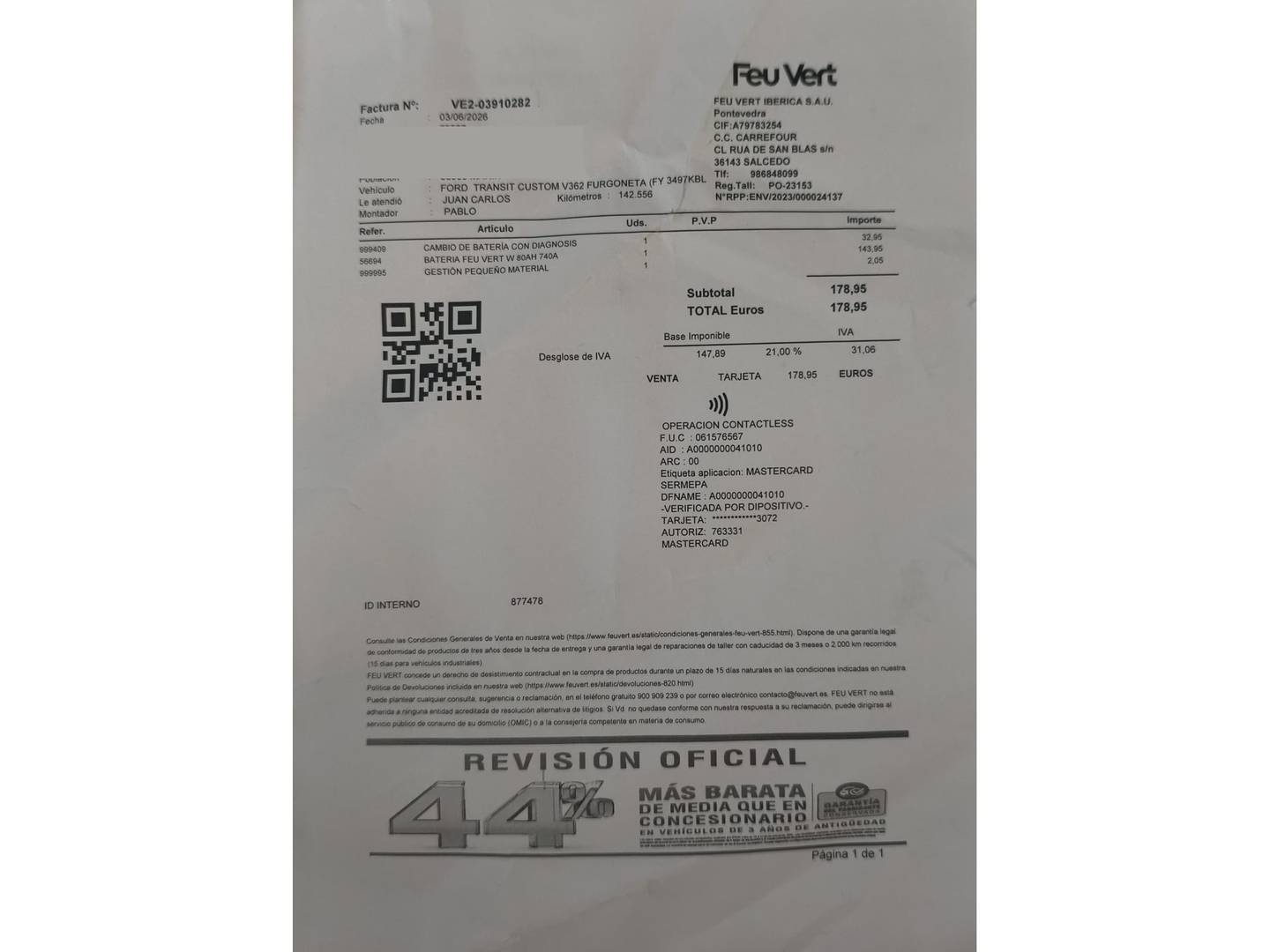 Foto del mantenimiento del Ford Transit Custom Ford Transit Custom 2.2 TDCI 290 L1 Ambiente (125 CV)