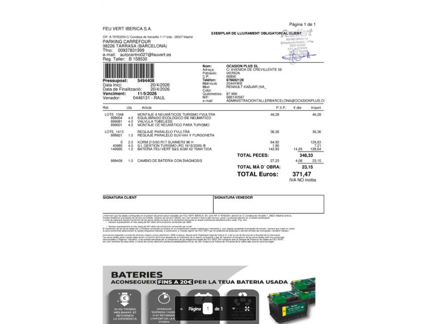 Foto del mantenimiento del Renault Kadjar Renault Kadjar Zen TCe (140 CV) GPF