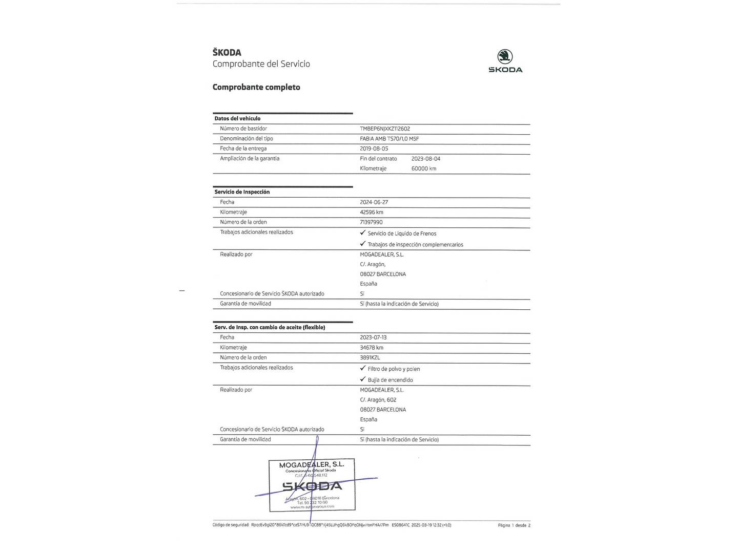 Foto del certificado del Skoda Fabia Skoda Fabia 1.0 TSI Like (95 CV)