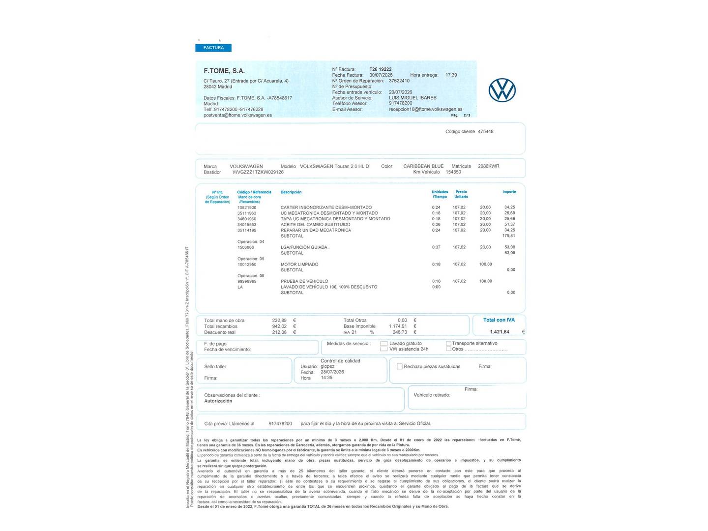 Foto del mantenimiento del Volkswagen Touran Volkswagen Touran Sport 2.0 TDI (150 CV) DSG R-Line