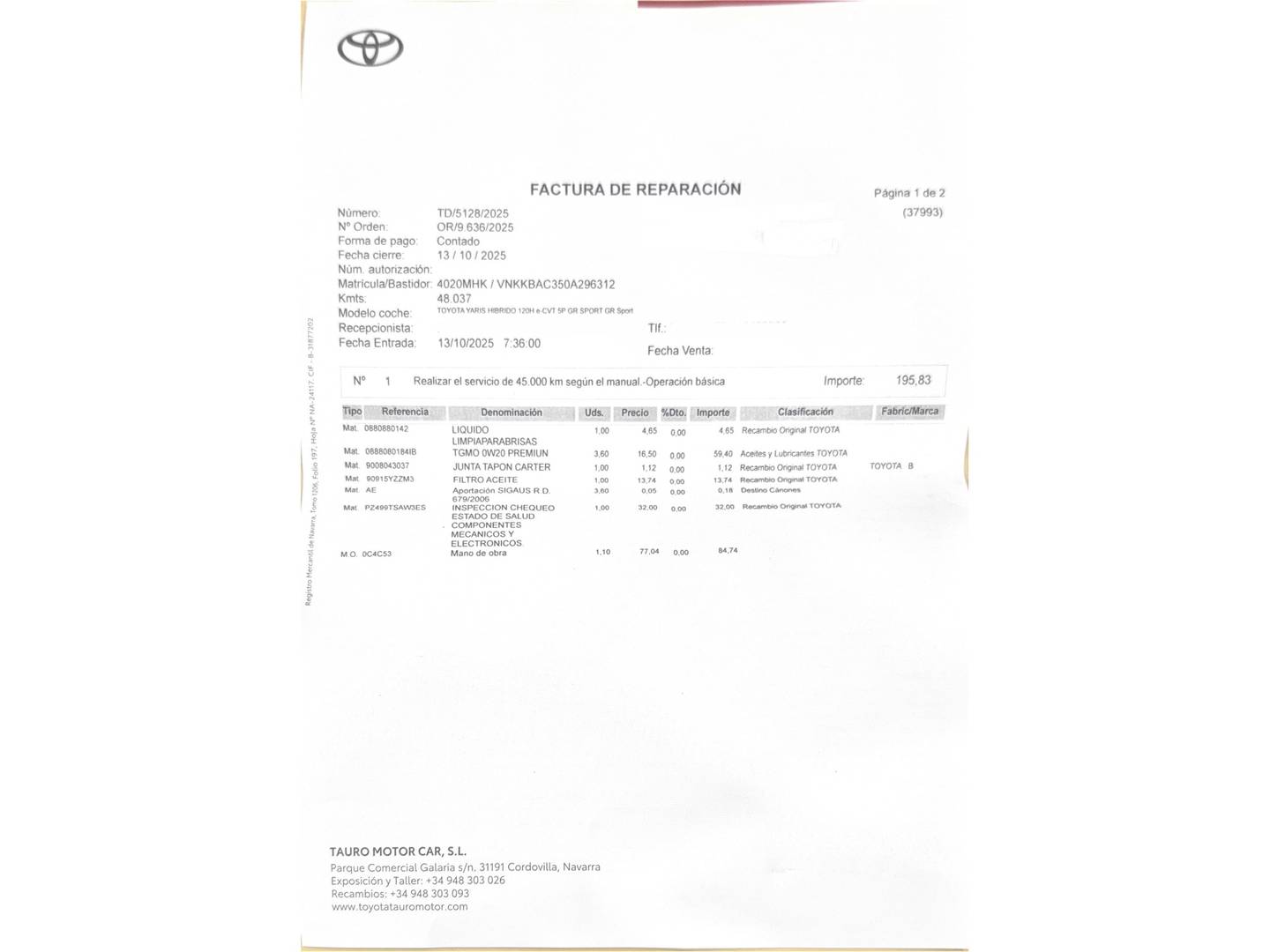 Foto del mantenimiento del Toyota Yaris Toyota Yaris 1.5 120H GR-Sport (116 CV)