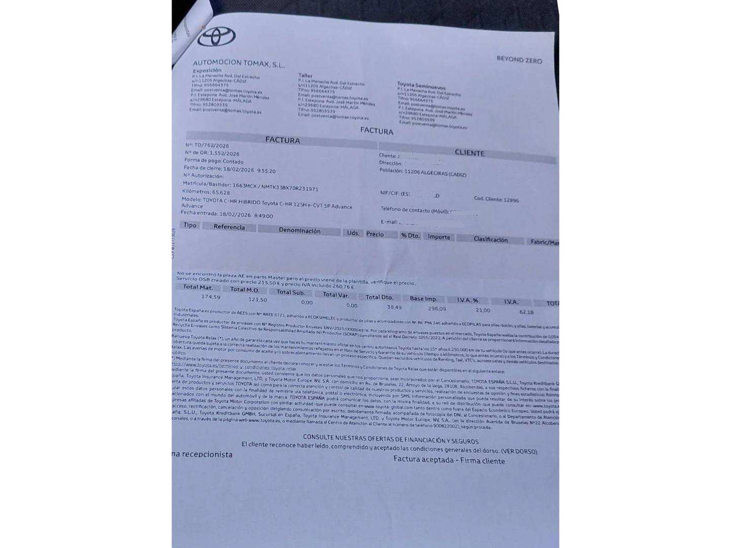 Foto del mantenimiento del Toyota C-HR Toyota C-HR 1.8 125H Advance (122 CV)