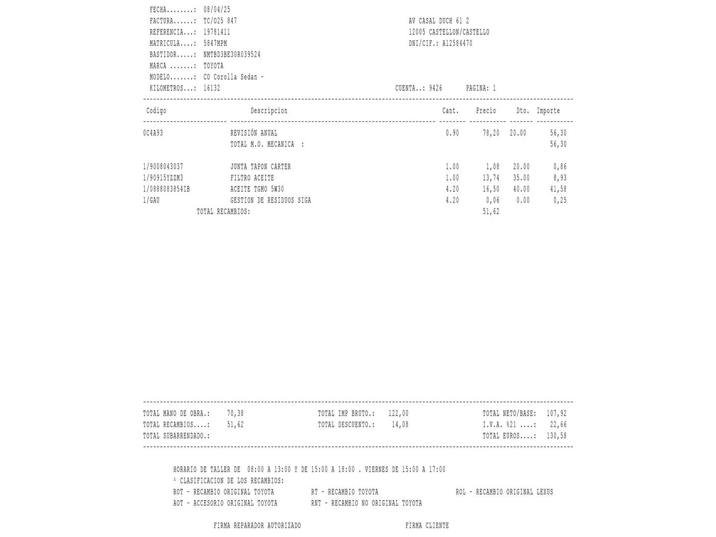 Foto del mantenimiento del Toyota Corolla Toyota Corolla 140H Style (140 CV)