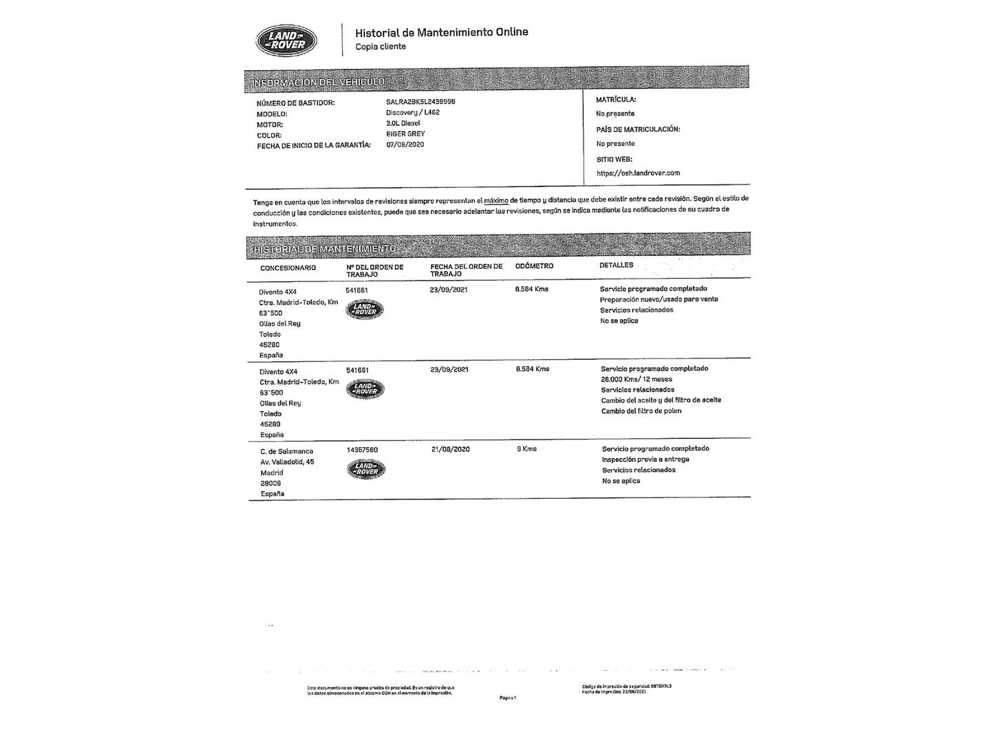 Foto del mantenimiento del Land Rover Discovery Land Rover Discovery 3.0 SDV6 Landmark Auto (306 CV) 7 Plazas