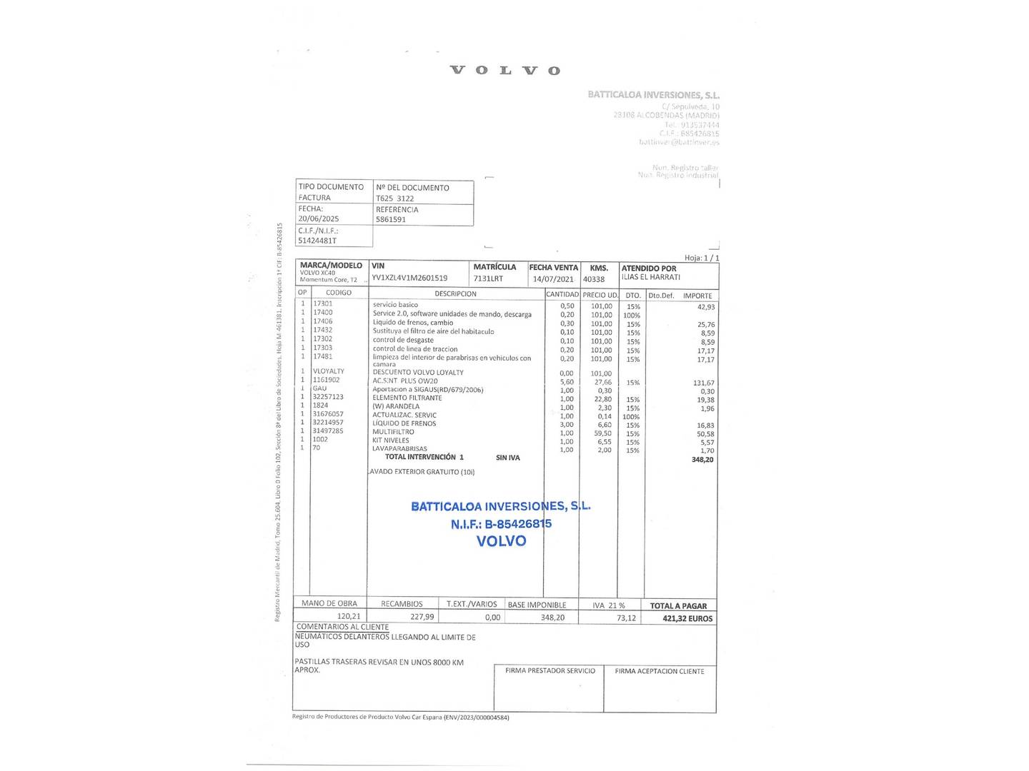 Foto del mantenimiento del Volvo XC40 Volvo XC40 T2 Momentum Core (129 CV)