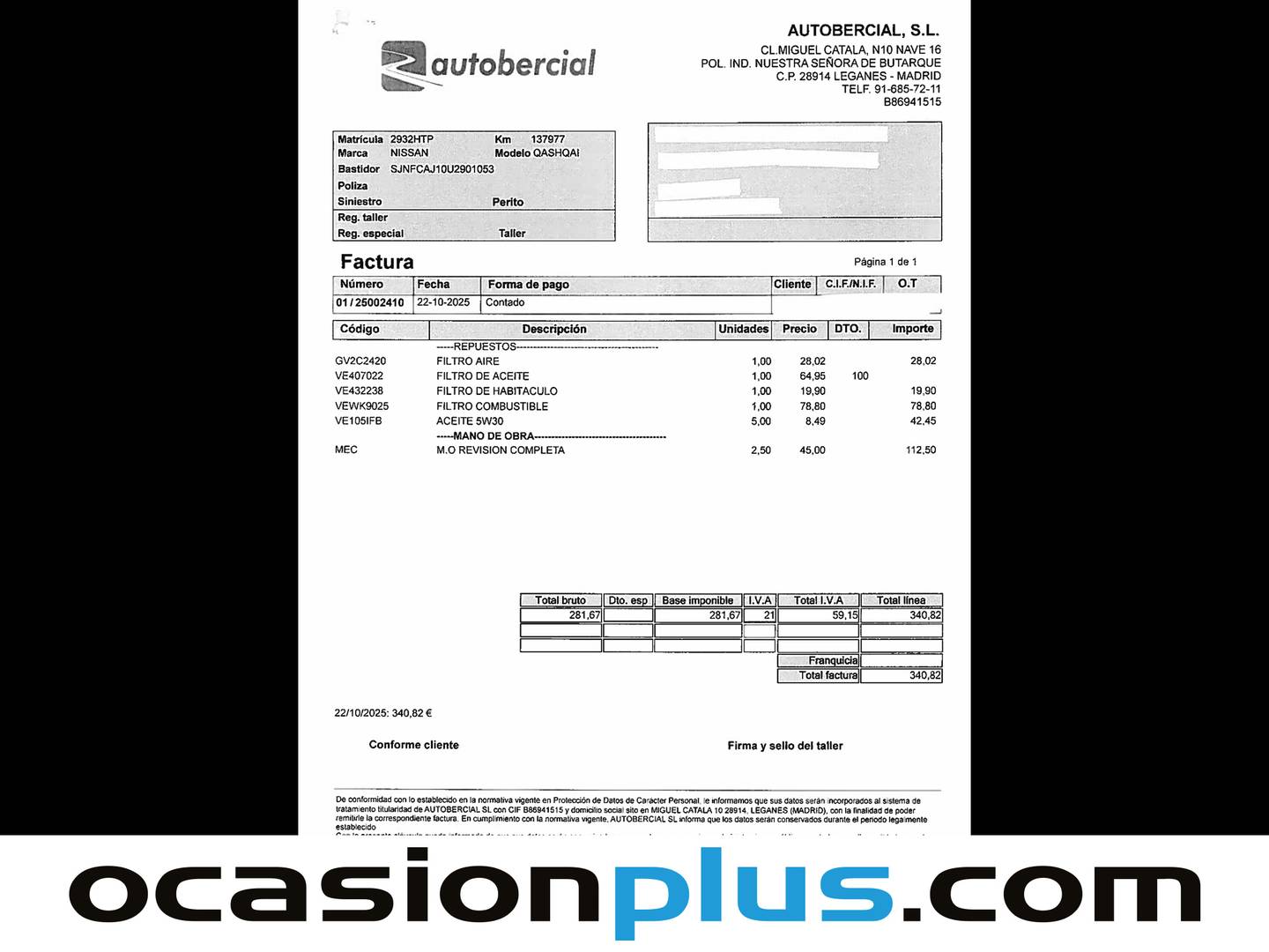 Foto del mantenimiento del Nissan QASHQAI Nissan Qashqai 1.5 dCi 360 4x2 (110 CV)