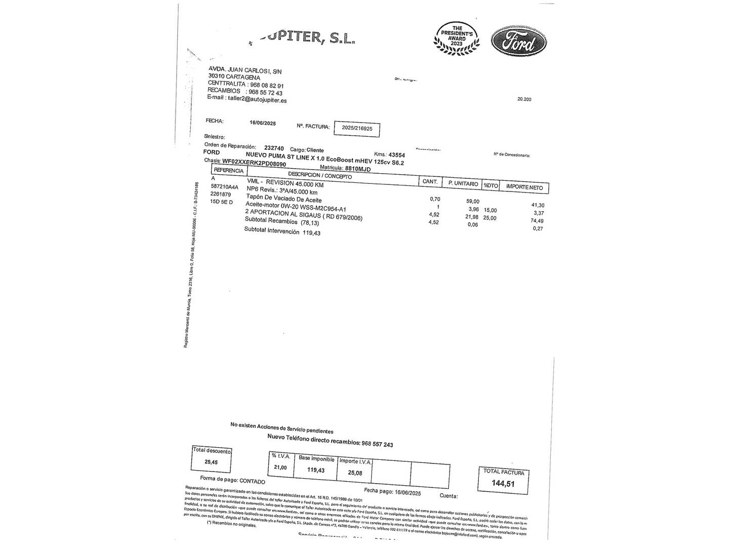 Foto del mantenimiento del Ford Puma Ford Puma 1.0 EcoBoost MHEV ST-Line X (125 CV)