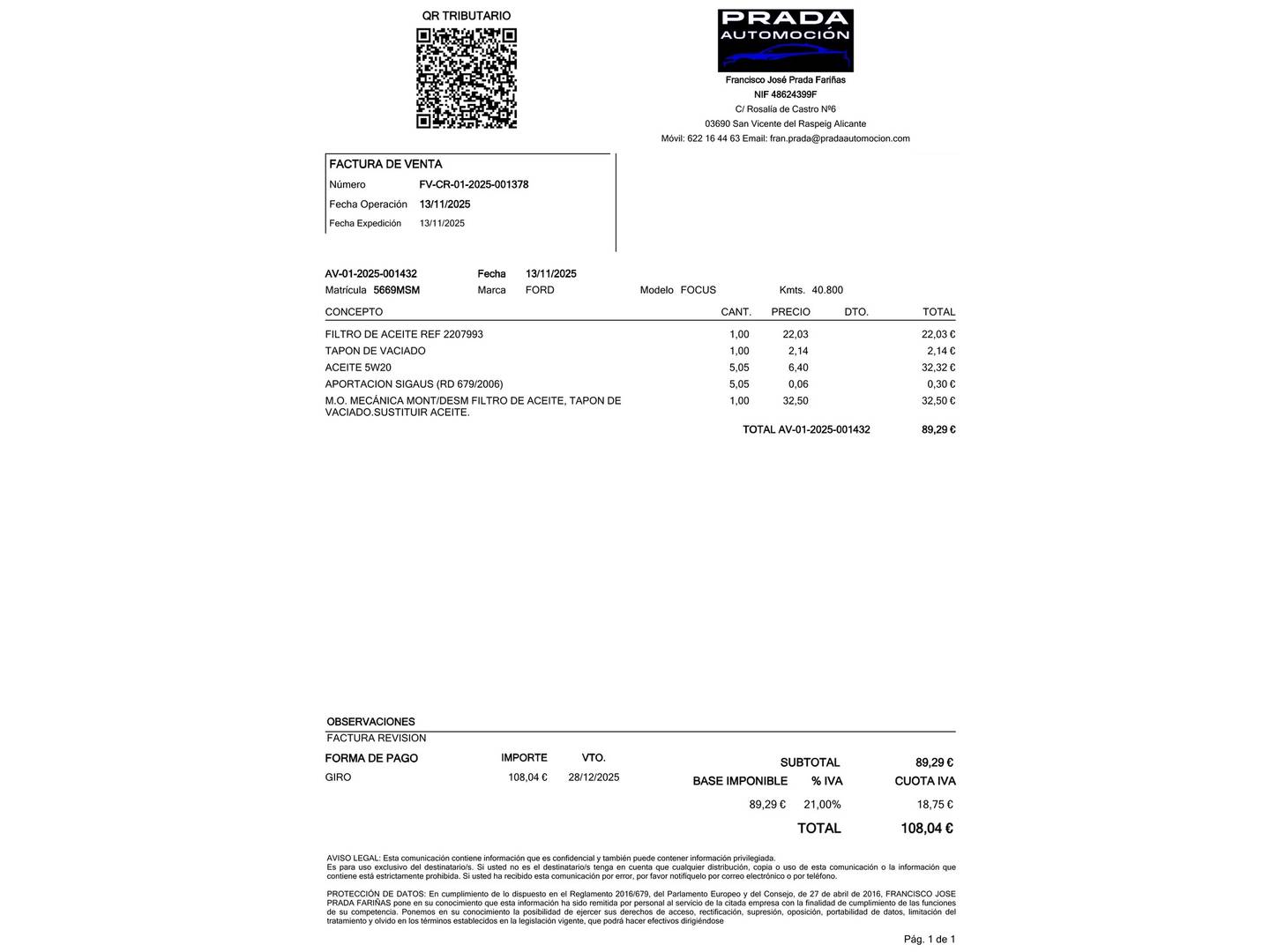 Foto del mantenimiento del Ford Focus Ford Focus 1.0 Ecoboost MHEV ST-Line Auto (155 CV)