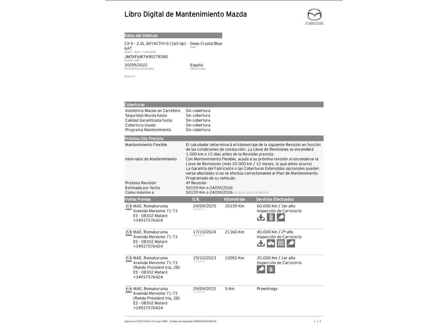 Foto del certificado del Mazda CX-5 Mazda CX-5 2.0 GE Zenith 2WD AT (165 CV)