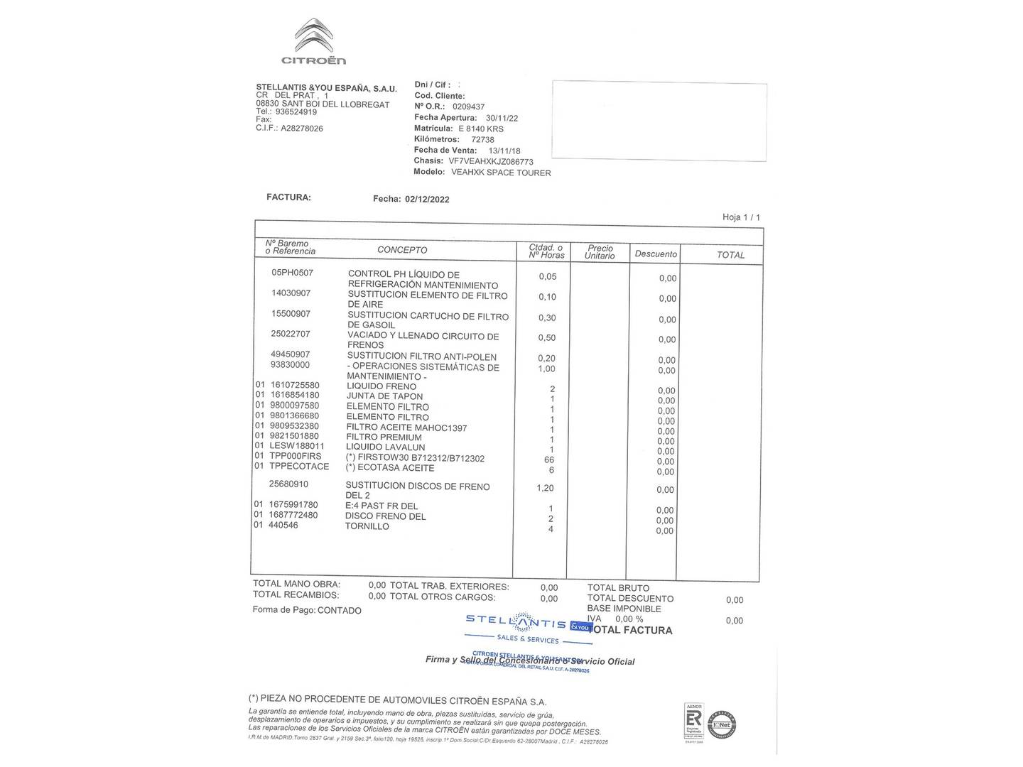 Foto del mantenimiento del Citroën Spacetourer Citroën Spacetourer BlueHDi 150 S&S Feel Talla M (150 CV) 8 plazas