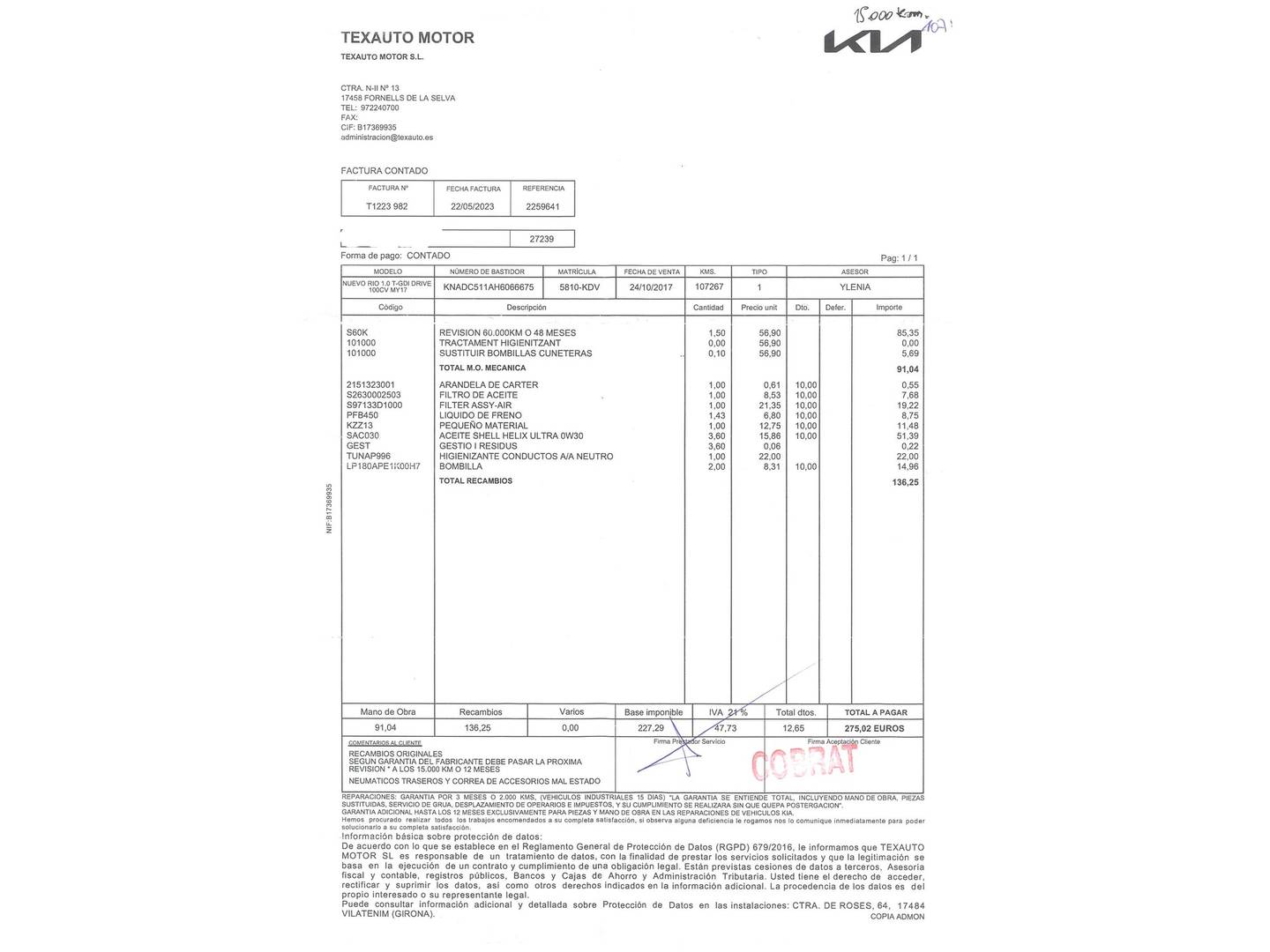 Foto del mantenimiento del KIA Rio KIA Rio 1.0 T-GDi Drive (100 CV)