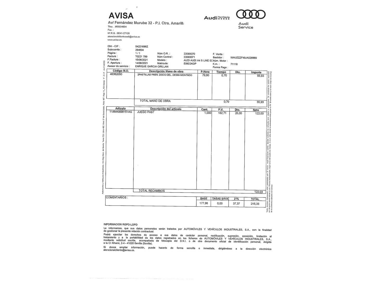 Foto del mantenimiento del Audi A4 Audi A4 S line edition 2.0 TDI (150 CV)