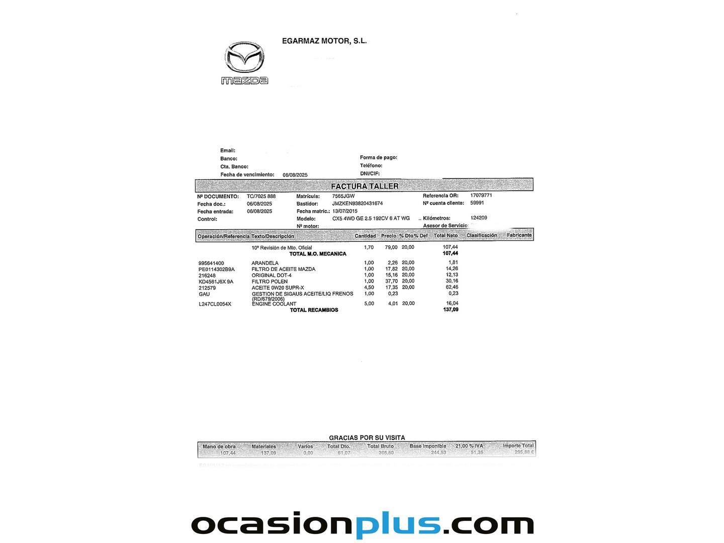 Foto del mantenimiento del Mazda CX-5 Mazda CX-5 2.5 Luxury + Premium + Travel + SunRoof Auto (192 CV)