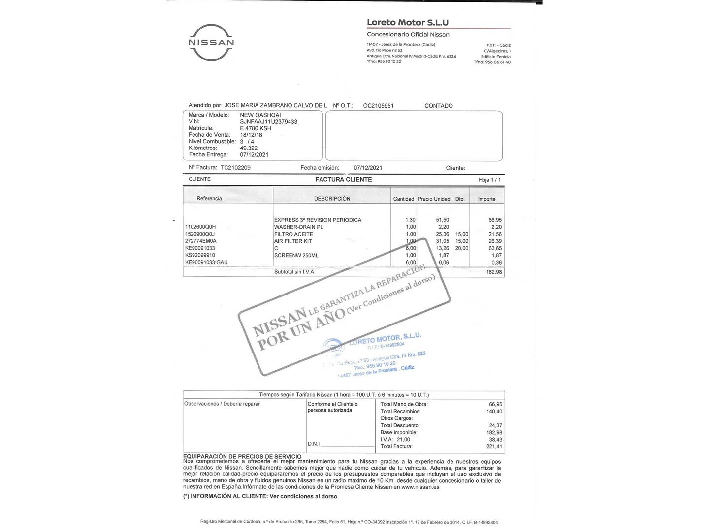 Foto del mantenimiento del Nissan QASHQAI Nissan Qashqai dCi 115 N-Connecta (115 CV)