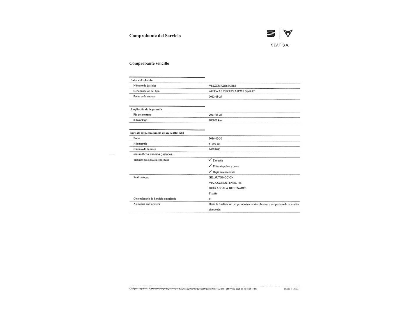 Foto del mantenimiento del Cupra Ateca Cupra Ateca 2.0 TSI 4Drive DSG (300 CV)